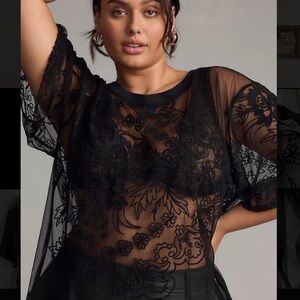 Anthropologie Sheer Black Floral Lace Blouse